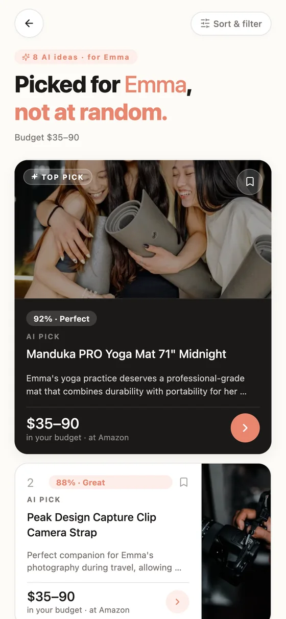 Gift ideas the AI found for Emma
