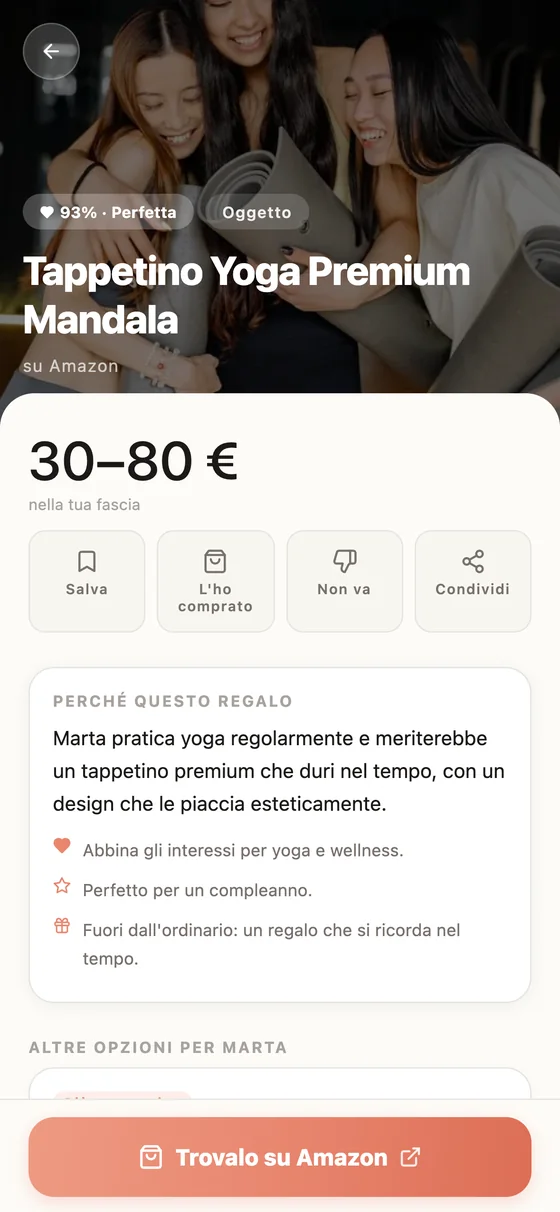 Dettaglio del regalo, con il perché e il link al negozio